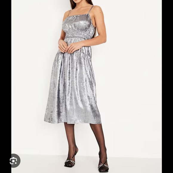 Old Navy • Defined Waist Silver Metallic Midi Dress - Picture 1 of 13
